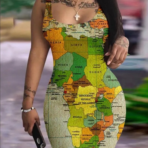 🎉New Chic Sexy The World Is Your Oyster Map Print Bodycon Dress - Picture 2 of 12